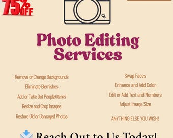 May include: An advertisement for photo editing services. The image features a camera icon, the text "Photo Editing Services," and a list of services offered, including background changes, blemish removal, and image resizing. The ad also includes a "Limited Offer" and "Fast Delivery" banner.