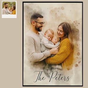 Pintura de acuarela personalizada a partir de una foto, retrato personalizado en acuarela, regalo familiar personalizado, regalo para mamá, regalo personalizado, regalo para papá