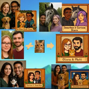 May include: A collection of images showing couples and their pets. Some are photographs, others are pixelated illustrations in wooden frames. The illustrations are labelled with names such as "Miso, Elias Luna", "Jonathan & Carissa Storm", "Olivia & Matt", "Carissa & Jonathan", and "Jonathan & Carissa".