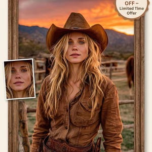 Op de afbeelding: Een ingelijst portret van een persoon met een bruine cowboyhoed en overhemd, met lang blond haar. De achtergrond toont een zonsondergang boven een bergketen en een klein inset portret. Een ronde sticker leest "75% KORTING - Tijdelijke aanbieding".
