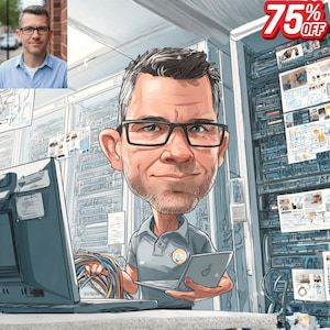 Könnte beinhalten: Eine Cartoon-Karikatur eines Mannes mit Brille, der einen Laptop hält und vor Serverracks steht. Das Bild enthält ein kleineres Foto des Mannes. Ein rotes Banner in der Ecke zeigt "75% OFF".