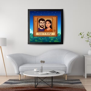 May include: Framed pixel art portrait of a couple, Lian and Evelyn, set against a blue starry sky and green landscape. The artwork is in a wooden frame. The overall theme is a personalized gift, suitable for home decor.