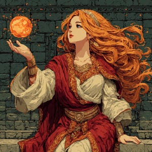 Pode incluir: Ilustração pixelizada de uma mulher com longos cabelos ruivos esvoaçantes, vestindo uma túnica vermelha e branca com detalhes dourados. Ela está segurando um orbe laranja brilhante em sua mão, contra um fundo de parede de pedra.