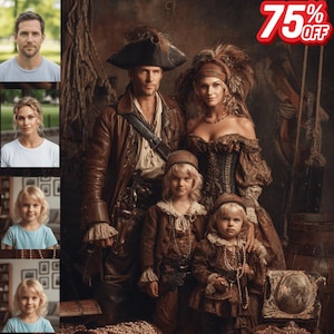 カスタム海賊船長の家族の肖像画、宝の冒険の壁アート、パーソナライズされたギフト、印刷可能なデジタルダウンロード