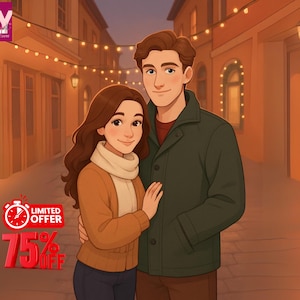 May include: An illustrated image of a couple embracing on a street lined with buildings and string lights. The woman wears a tan sweater and white scarf, while the man wears a green jacket. A red and white graphic with the text "LIMITED OFFER 75% OFF" is in the lower left corner.