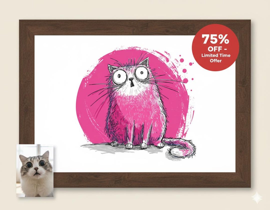 Custom Funny Derpy Cat Portrait Wall Art Intentionally Bad Pet Art Gift ...