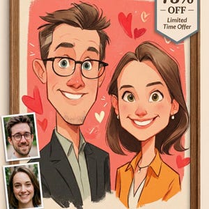 以下が含まれることがあります： 赤い背景とハートのアクセントが付いた、額入りの漫画のカップルの肖像画。男性はメガネと黒いスーツのジャケットを着ています。女性はオレンジ色のブラウスを着ています。カップルの2枚の小さな写真が左下隅にあります。画像には「75％OFF-期間限定オファー」のバナーがあります。