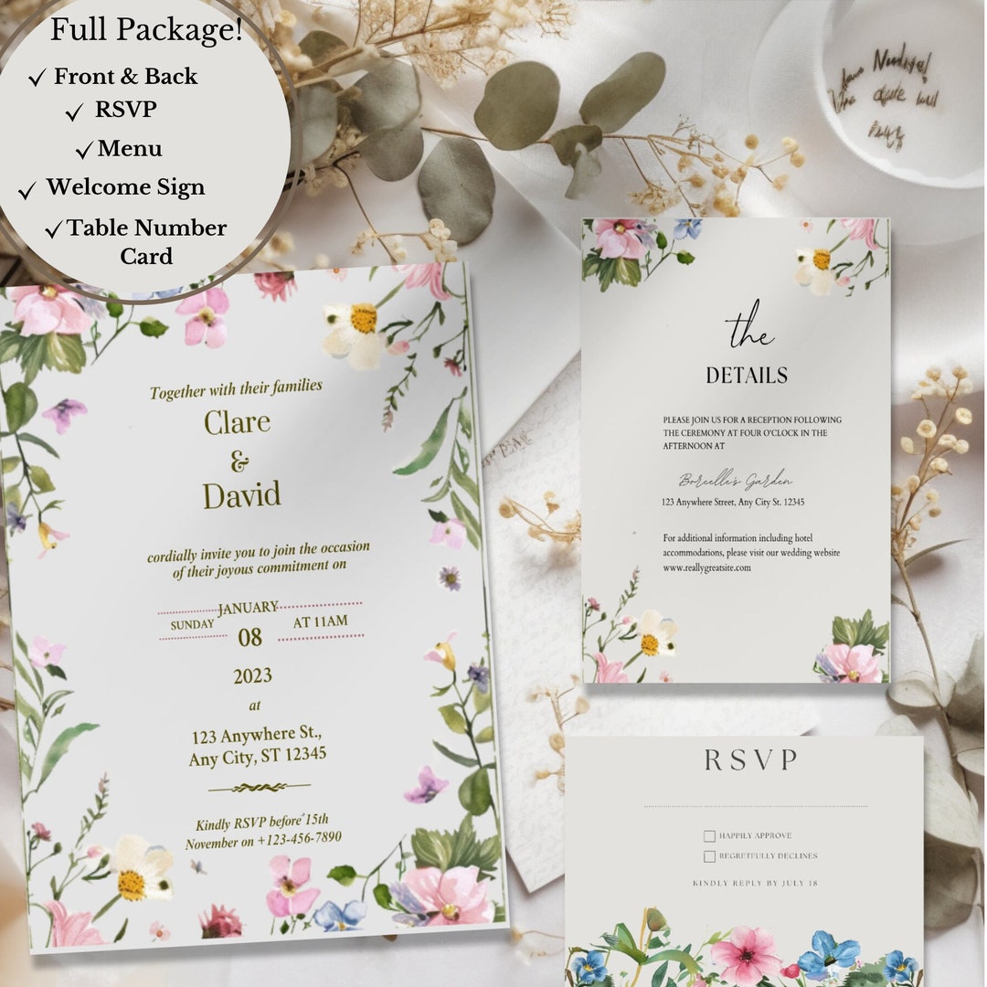 Wildflower Wedding Invitation Template, Printable Wedding Invitation, Wedding Invitation, Boho ...