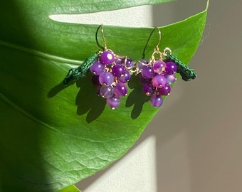 Crystal & Crochet Grape Dangle Earrings – Light Purple Quartz, Dark Purple Agate, or Red Fire Agate | Unique Gift for Her | Fruit Earrings