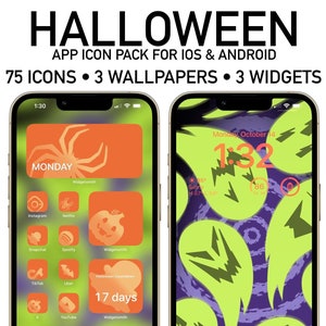 Halloween App Icon Paket | 75 Icons, 3 Wallpapers, 3 Widgets | iOS & Android | Telefon-Icons | Gruselige Saison und Kürbisse inspiriert Icon Pack
