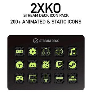 May include: A black Stream Deck with a green logo and 15 buttons. The buttons have various icons, including chat, settings, headphones, volume, music, a three-pronged symbol, a Discord logo, a Twitch logo, a Steam logo, a controller, a monitor, a microphone, and two buttons that say "Stream" and "End Stream".