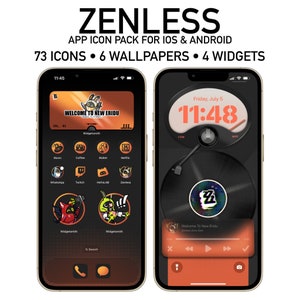May include: A screenshot of a mobile phone displaying a custom app icon pack for iOS and Android. The phone screen shows a variety of app icons, including music, coffee, wallet, Netflix, WhatsApp, Twitch, Hoyolab, and Zenless. The phone screen also shows a custom widget with the text "Welcome to New Eridu" and a volume control slider.