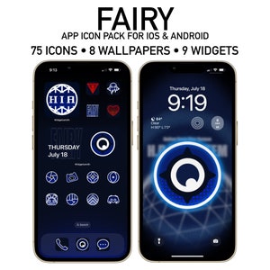 May include: Two smartphone screens displaying a blue and white icon pack with a circular design. The icon pack is called "FAIRY" and includes 75 icons, 8 wallpapers, and 9 widgets. The left screen shows a grid of icons, while the right screen shows a wallpaper with the circular icon in the center.