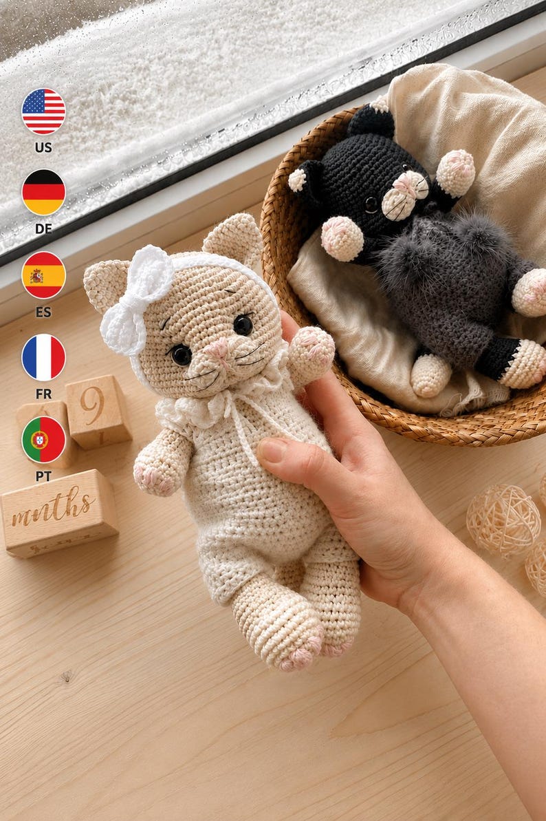 May include: Two crocheted cat dolls. One cat is cream-colored, wearing a white headband with a bow and a white ruffled collar. The second cat is black with a dark gray fuzzy belly, sitting in a woven basket lined with a light-colored cloth.
