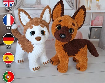 Schema PDF per realizzare all'uncinetto 2 in 1 un cane pastore e un husky / Peluche amigurumi / Simpatico regalo fai da te a forma di animale / Tutorial di uncinetto multilingue