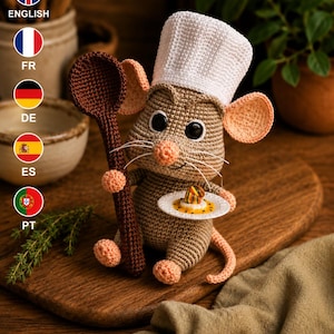 Remy Mouse Crochet Pattern PDF | Amigurumi Plush Toy | Chef with Hat and the Spoon | Cute DIY Animal Gift | Multi-language Crochet Tutorial