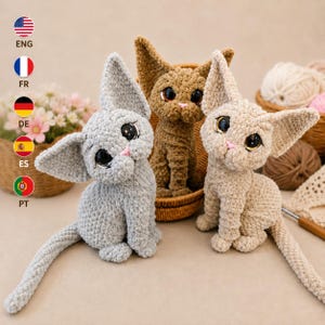 Padrão de crochê de gato Sphynx em PDF | Brinquedo de pelúcia Amigurumi | Gatinho de orelhas grandes | Presente fofo de animal para fazer você mesmo | Tutorial de crochê multilíngue