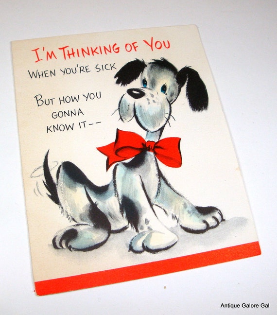 Vintage Gruß Karte Ich Denk An Dich Gute Besserung Hund Mit Leuchtend Rote Fliege Mid Century Papier Ephemera
