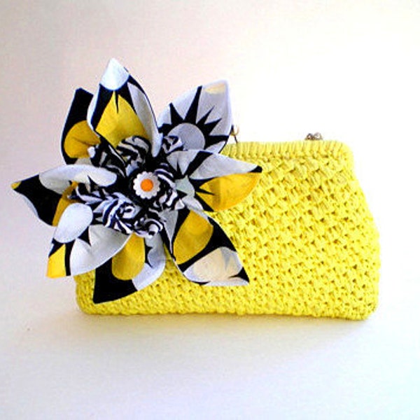 20% COUPON SALE, vintage, yellow, chain handle, clutch, purse, wedding, bridal purse, altered couture, fabric flower, black and white,