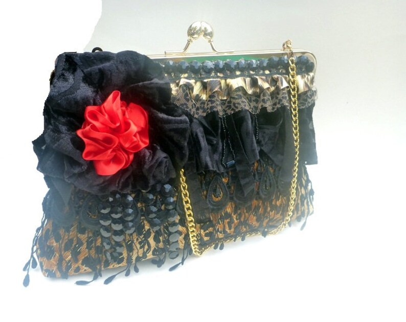 Gothic leopard clutch, Rockabilly clutch, pinup purse,evening bag,fall wedding,fall fashion,steampunk bag,girlie grunge,Victorian image 7