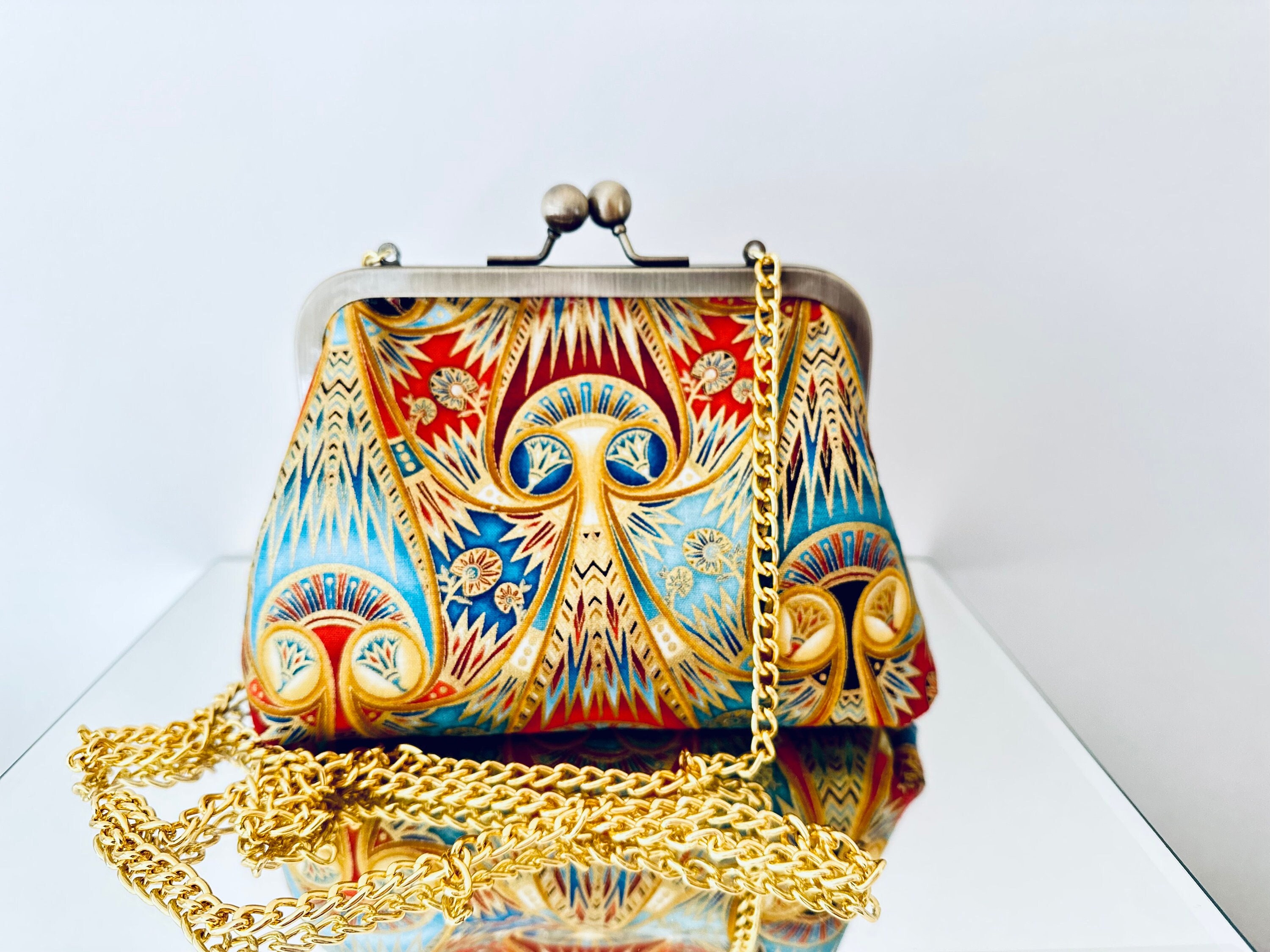 Art Deco Crossbody Bag,retro Clutch,egyptian Motif,rare Ooak,evening Bag,teal,clasp Frame,gold