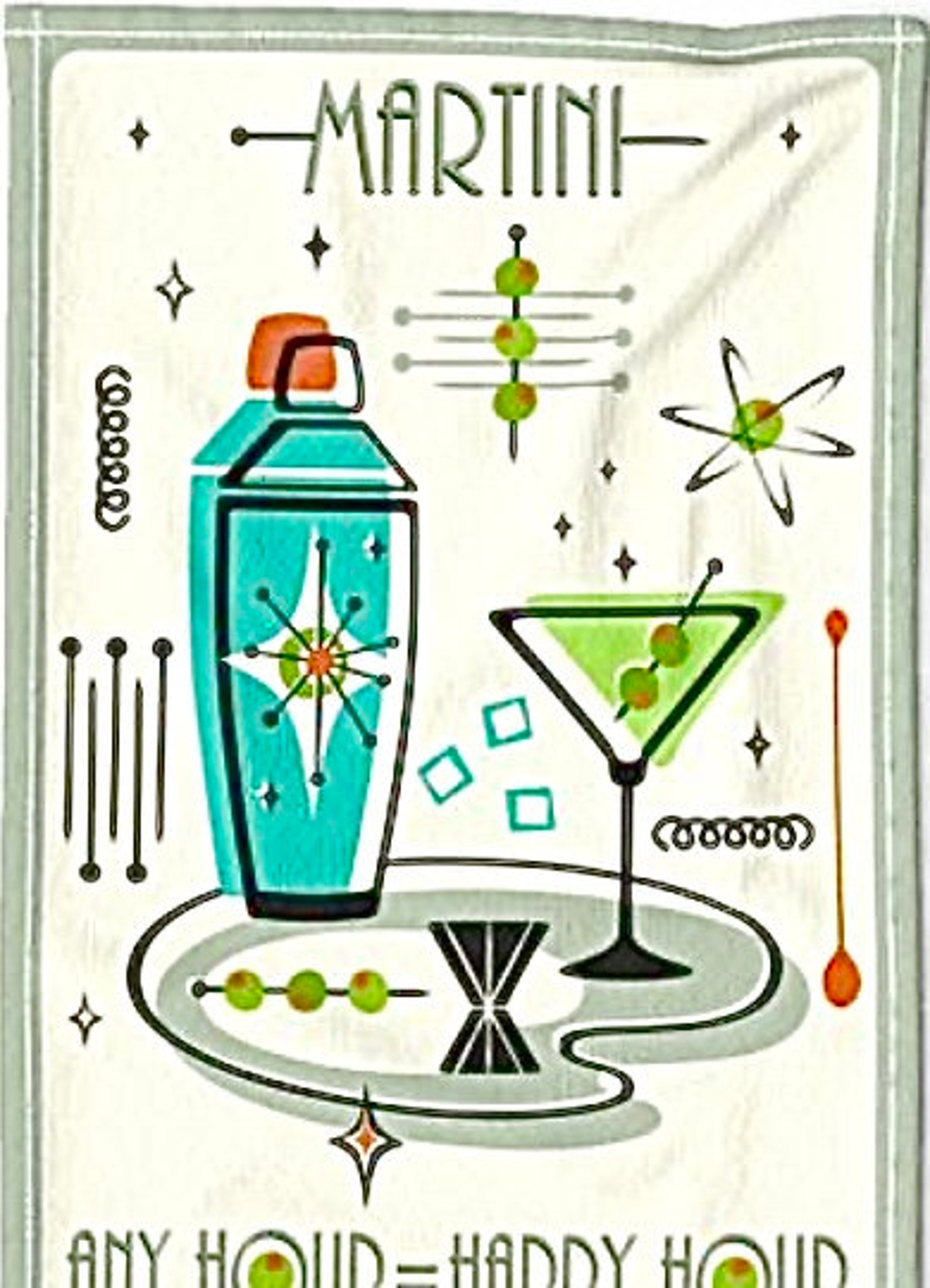Linen Tea Towel,cotton, 60s Atomic,mid Century,martinis,vintage