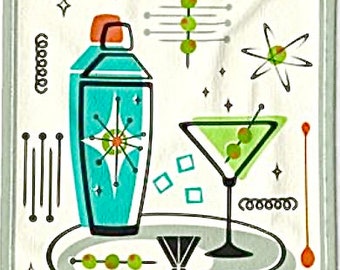 Linen tea towel,cotton, 60s atomic,mid century,martinis,vintage cocktails,retro kitchen,aqua kitchen,happy hour,bar cart accessory,gift
