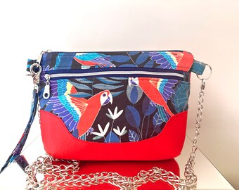 Wristlet,clutch,shoulder bag,macaws,tropical print,zipper pocket,essentials pouch,evening bag,red vinyl,gift for her,shopper,makeup bag