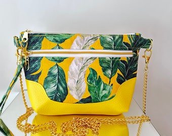 crossbody purse,banana leaves,tropical print,clutch,wristlet,zipper pocket,essentials pouch,evening bag,yellow vinyl,gift for her,shopper
