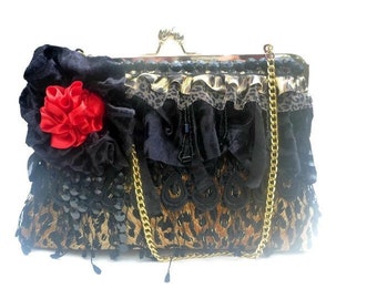 Gothic leopard clutch, Rockabilly clutch, pinup purse,evening bag,fall wedding,fall fashion,steampunk bag,girlie grunge,Victorian