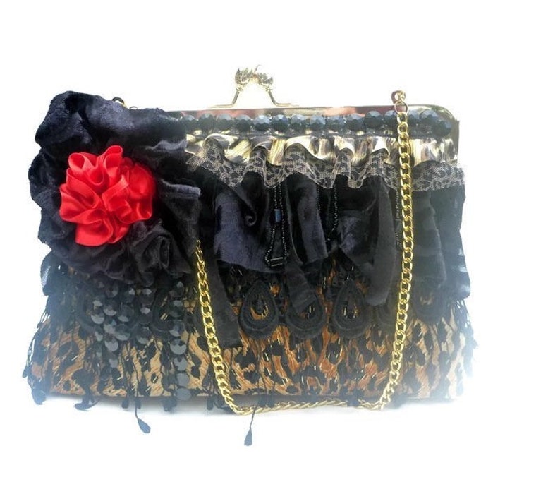 Gothic leopard clutch, Rockabilly clutch, pinup purse,evening bag,fall wedding,fall fashion,steampunk bag,girlie grunge,Victorian image 1