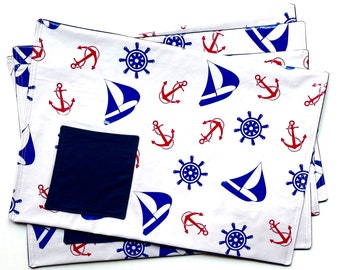 Placemats,set of four,sailboats,coastal style,retro print,oilcloth,vinyl,red white blue,cutlery pockets,outdoor dining,housewarming gift