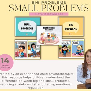 Puede incluir: Un conjunto de tarjetas ilustradas titulado "Big Problems, Small Problems" con el texto "Descarga instantánea". Las tarjetas presentan ilustraciones coloridas y bocadillos. El conjunto incluye 14 tarjetas y 2 sobres, diseñados para ayudar a los niños a comprender la diferencia entre problemas grandes y pequeños.