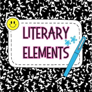 Puede incluir: Una libreta de composición en blanco y negro con un borde blanco y un bolígrafo blanco. La libreta tiene las palabras "LITERARY ELEMENTS" escritas en letras rosas con un contorno negro. Hay una carita sonriente en la esquina superior izquierda.