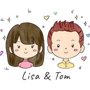 Custom Portrait, Minimalist Couple Portrait, Cute Cartoon Illustration, Personalized Print, Valentine's Day, Couple Memory, Christmas gift