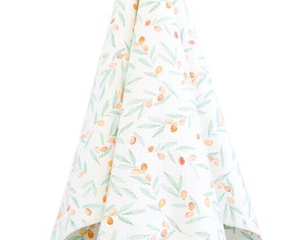 May include: A white kitchen towel with a green and orange olive branch pattern.