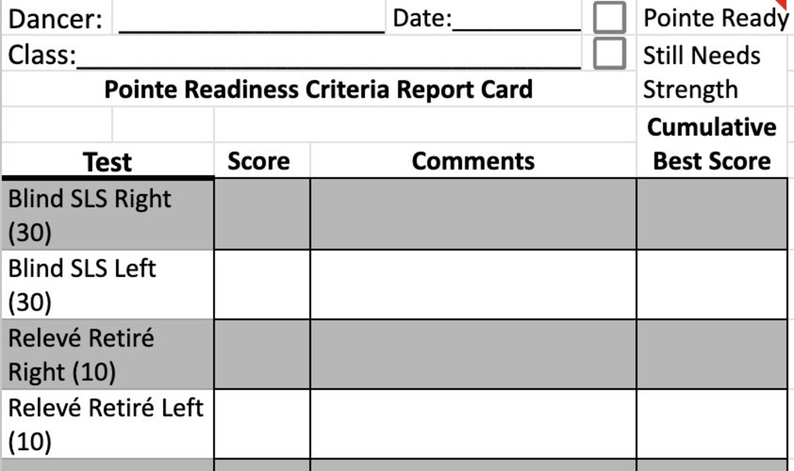 Score Labeling Exercise Ballet Pointe Readiness Assessment- Instructor Score Card, Take-home ...