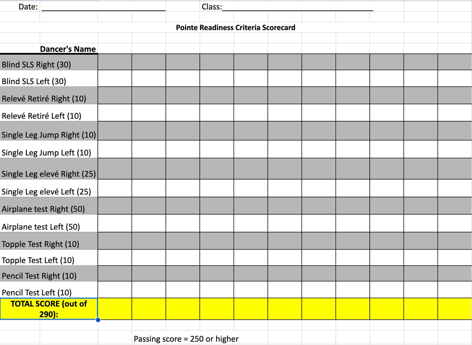Score Labeling Exercise Ballet Pointe Readiness Assessment Instructor Score Card, Take-home ...