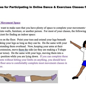 May include: Illustration of two people demonstrating how to find enough space for online dance and exercise classes. The first illustration shows a person lying on their back with their arms and legs extended. The second illustration shows a person with their arms and legs spread wide.