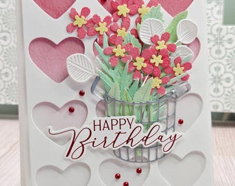 Handmade floral Birthday greeting card Watercolor hearts 3d layered keepsake