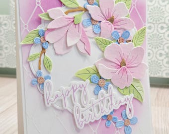 Handmade floral Birthday greeting card Watercolor pink 3d layered wishes keepsake
