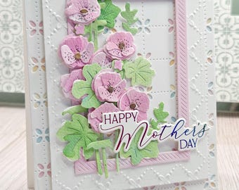 Watercolor Bouquet Birthday Card – Handmade Floral Paper Art, pink hand painted hollyhocks