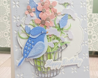 Handmade floral Birthday greeting card Watercolor blue bird 3d layered wishes keepsake
