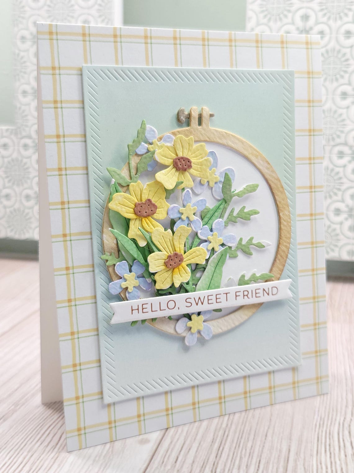 Handmade Floral Hello Sweet Friend Greeting Card Watercolor Embroidery ...