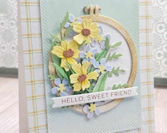 Handmade floral Hello sweet friend greeting card Watercolor embroidery hoop 3d layered keepsake