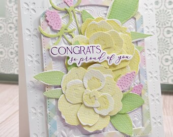 Handmade Paper Art Congrats Card- Pastel Watercolor Floral Greeting