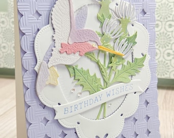 Handmade floral Birthday greeting card Watercolor hummingbird 3d layered wishes keepsake