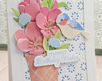 Handmade floral Birthday greeting card Watercolor red tulips bird 3d layered wishes keepsake