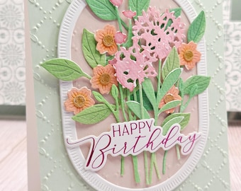 Handmade floral Birthday greeting card Watercolor pink orange 3d layered keepsake