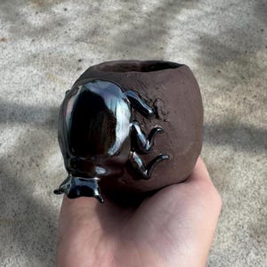 Puede incluir: Un pequeño recipiente de cerámica redondo de color marrón oscuro con una superficie mate y texturizada. En el exterior hay una escultura de escarabajo tridimensional prominente con un esmalte negro brillante e iridiscente.